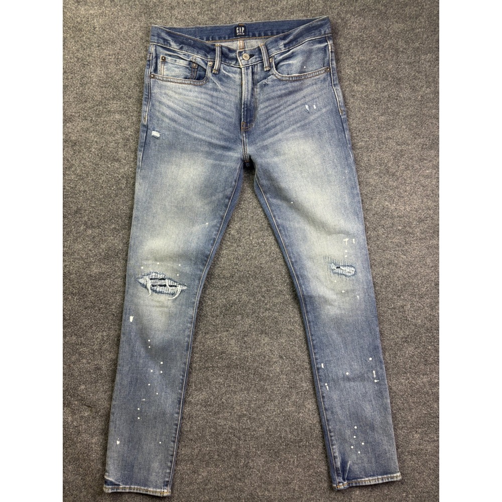 GAP Jeans Mens 30x32‎ Blue Skinny Distressed Paint Splatter Ripped Denim